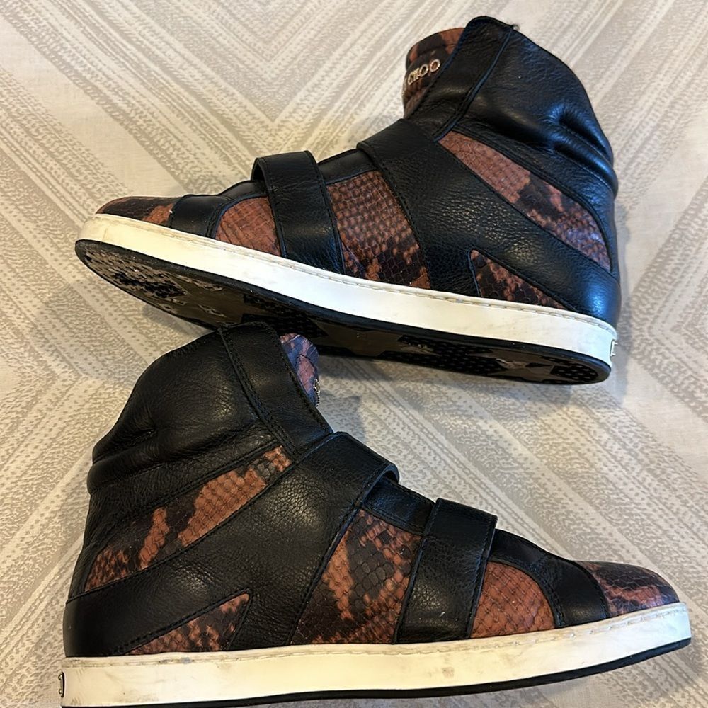 Jimmy Choo Yazz Black Brown Snakeskin Print High-Top Sneakers Gold Velcro Siz 37 - Picture 3 of 9
